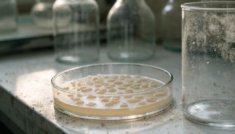 Cream-coloured bacterial colonies on an agar plate.