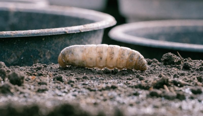 A pale discoloured insect larva on damp growing medium.