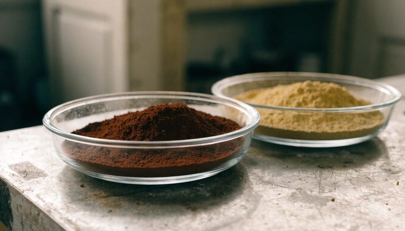 Chelate granules in plain dishes, one red-brown and one pale yellow.