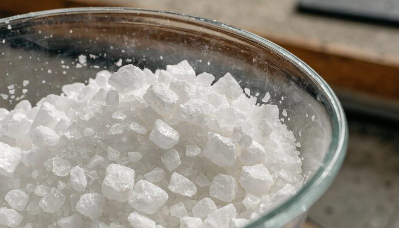 Coarse white crystalline fertiliser salts in a plain dish.