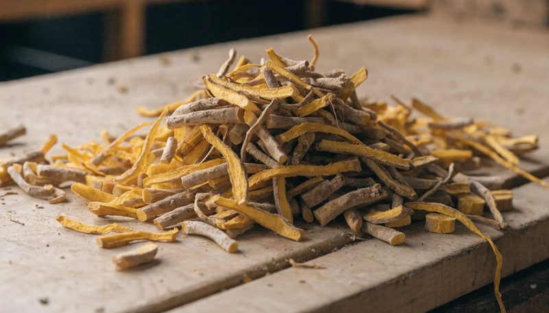Dried Sophora flavescens root cut into thin yellow strips and slices.