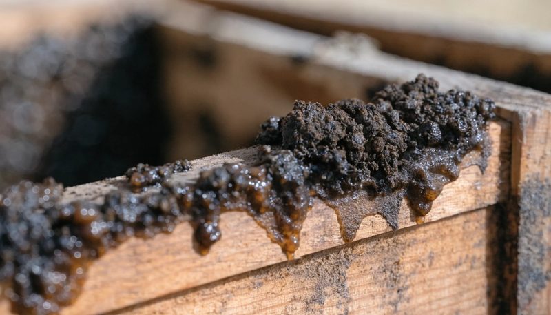 Dark resinous propolis along the edge of a wooden hive frame.