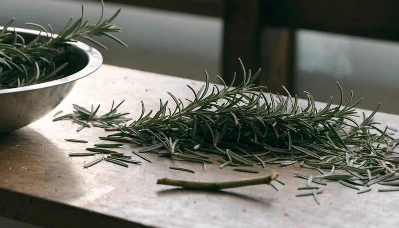 Cut rosemary foliage on woody stems on a plain bench.