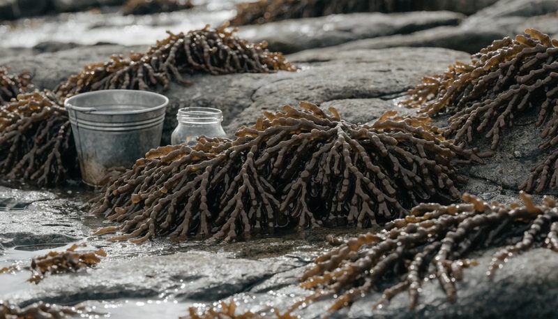 Brown Ascophyllum nodosum seaweed on a wet tidal rock shelf.