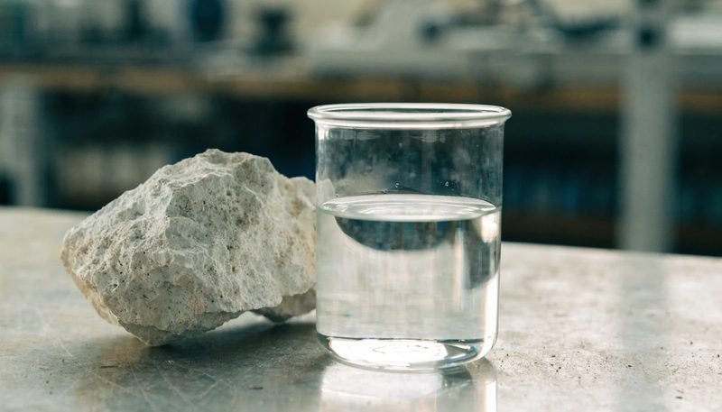 Pale porous diatomite rock beside a beaker of clear solution.