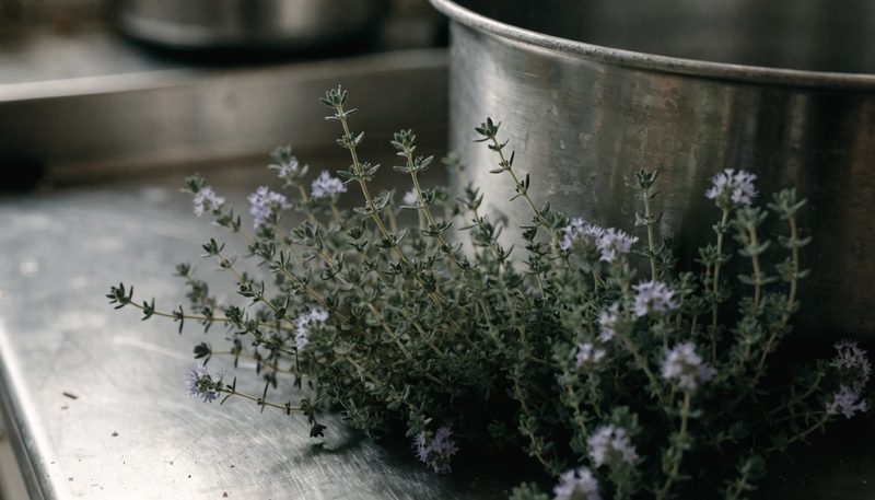 Low-growing thyme in flower with small pale purple flowers.