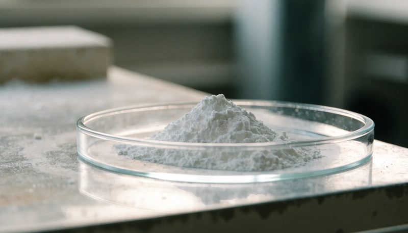 A heap of fine white mineral powder in a plain glass dish.