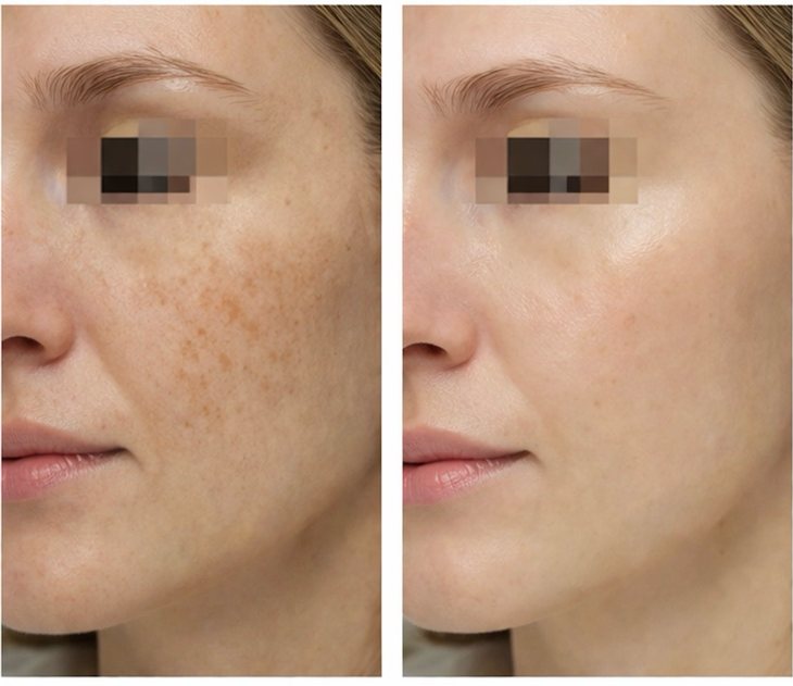 A woman's cheek in three-quarter view, eyes obscured, before and after eight weeks of use