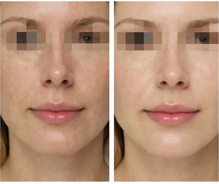 A woman's face, eyes obscured, before and after eight weeks of use