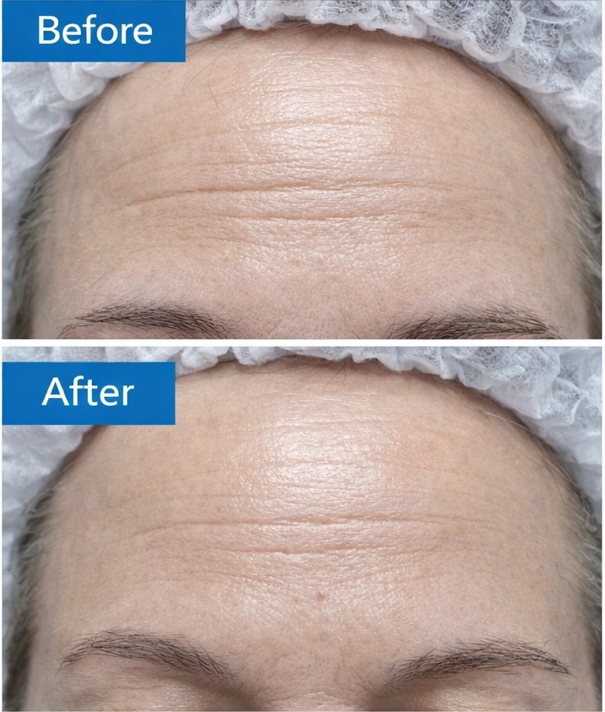 Forehead of a woman in her 60s, before and after two weeks of use