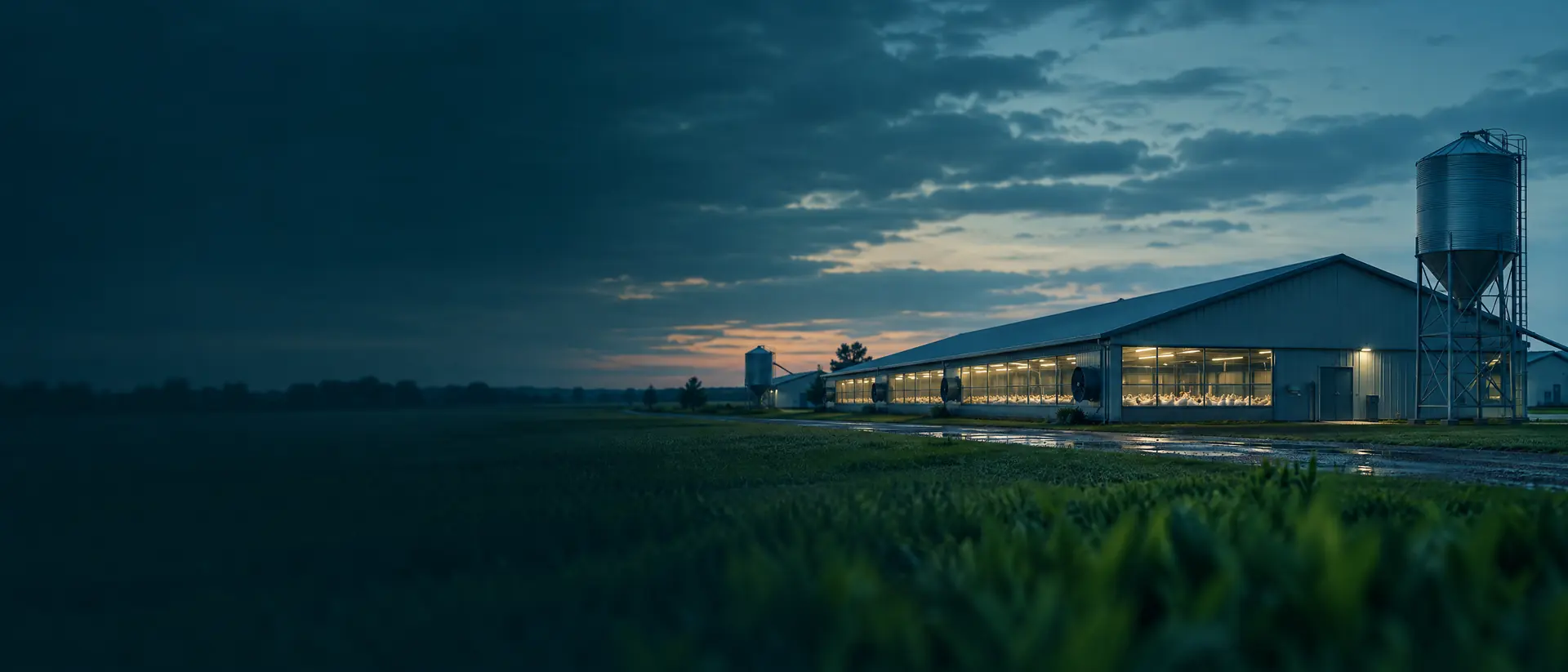 Modern poultry house and water tower on open farmland at dusk