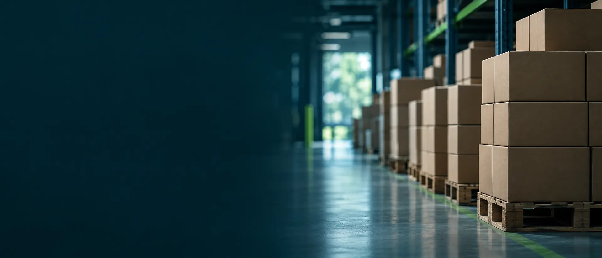 Warehouse aisle with plain cartons stacked on pallets
