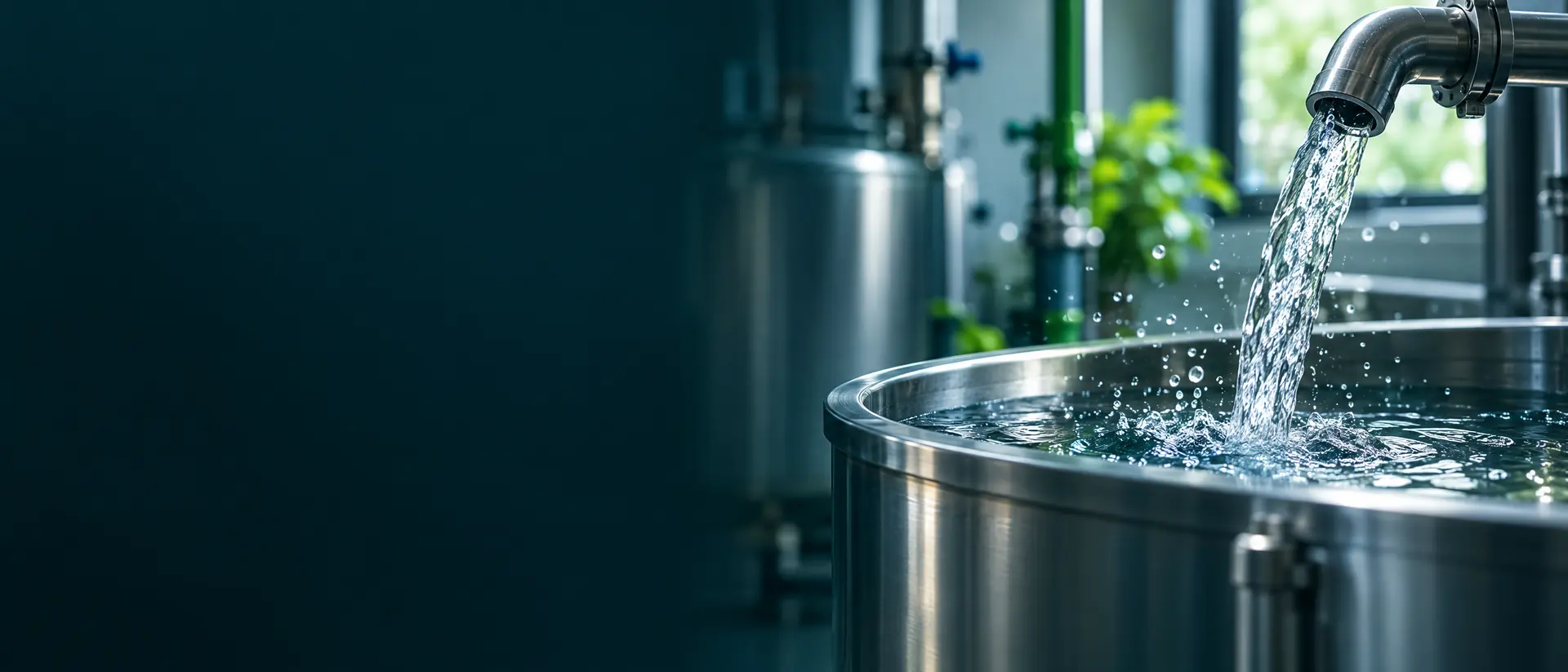 Clear water pouring into a clean stainless steel tank in a utility room
