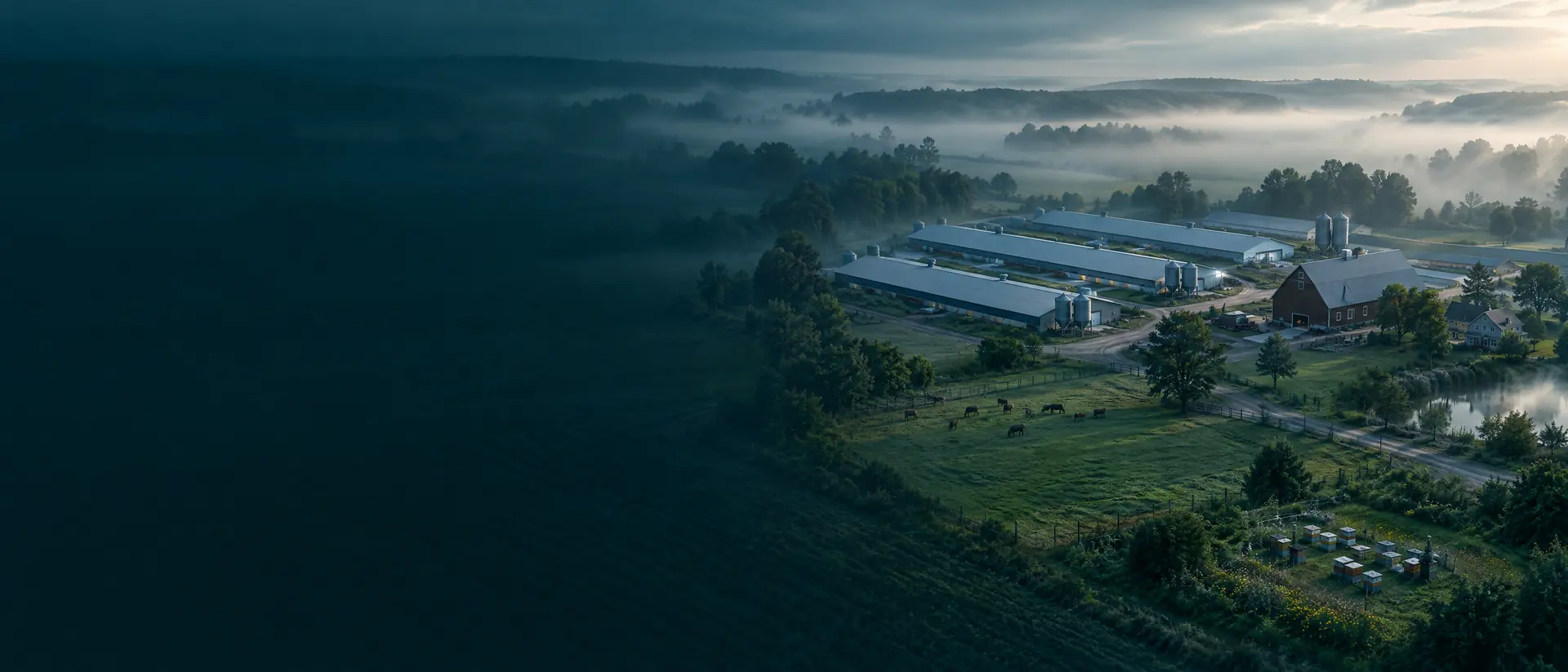 Aerial view of a mixed farm with poultry houses, barn and pasture in morning mist