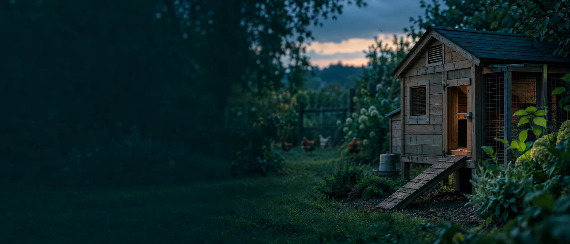 Small wooden backyard coop in a garden at dusk with hens in the distance