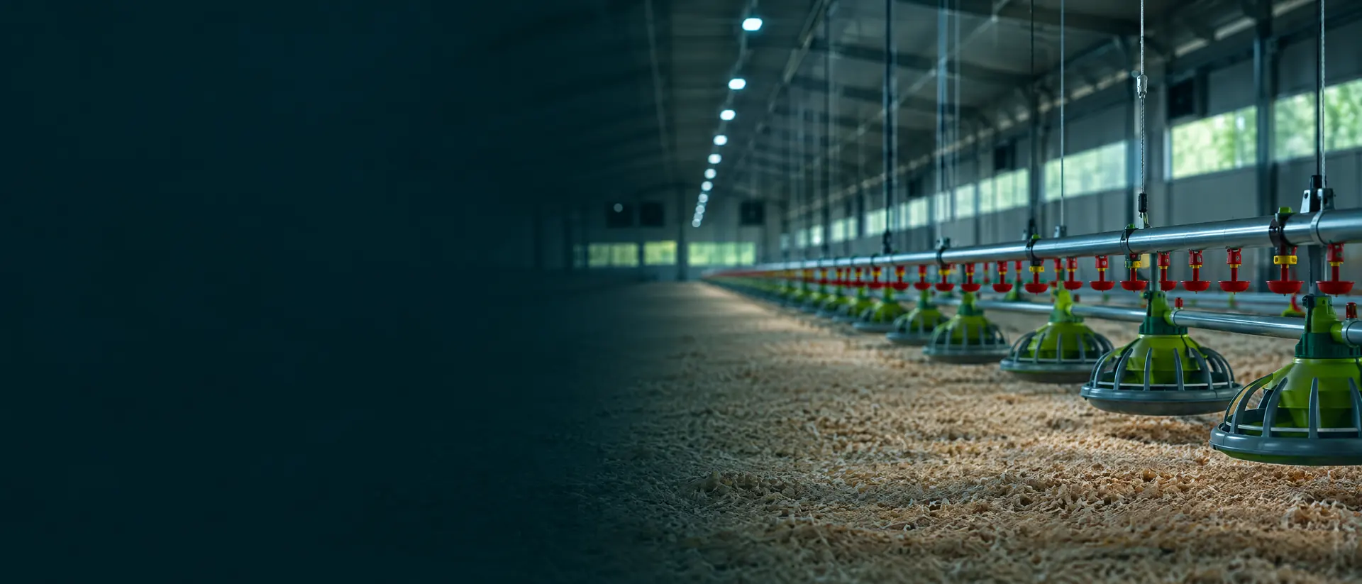 Empty broiler house with fresh litter and raised drinker and feeder lines