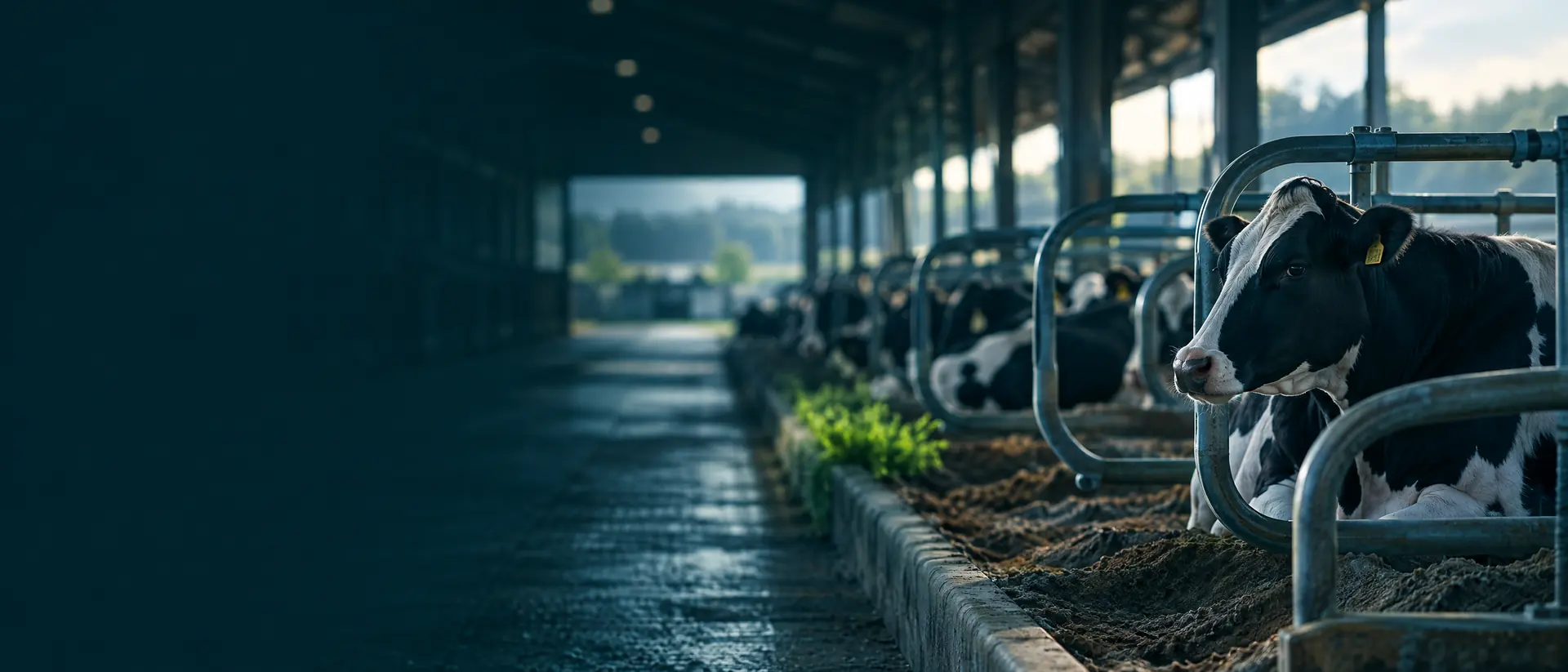 Dairy freestall barn in morning light with cows lying in the background