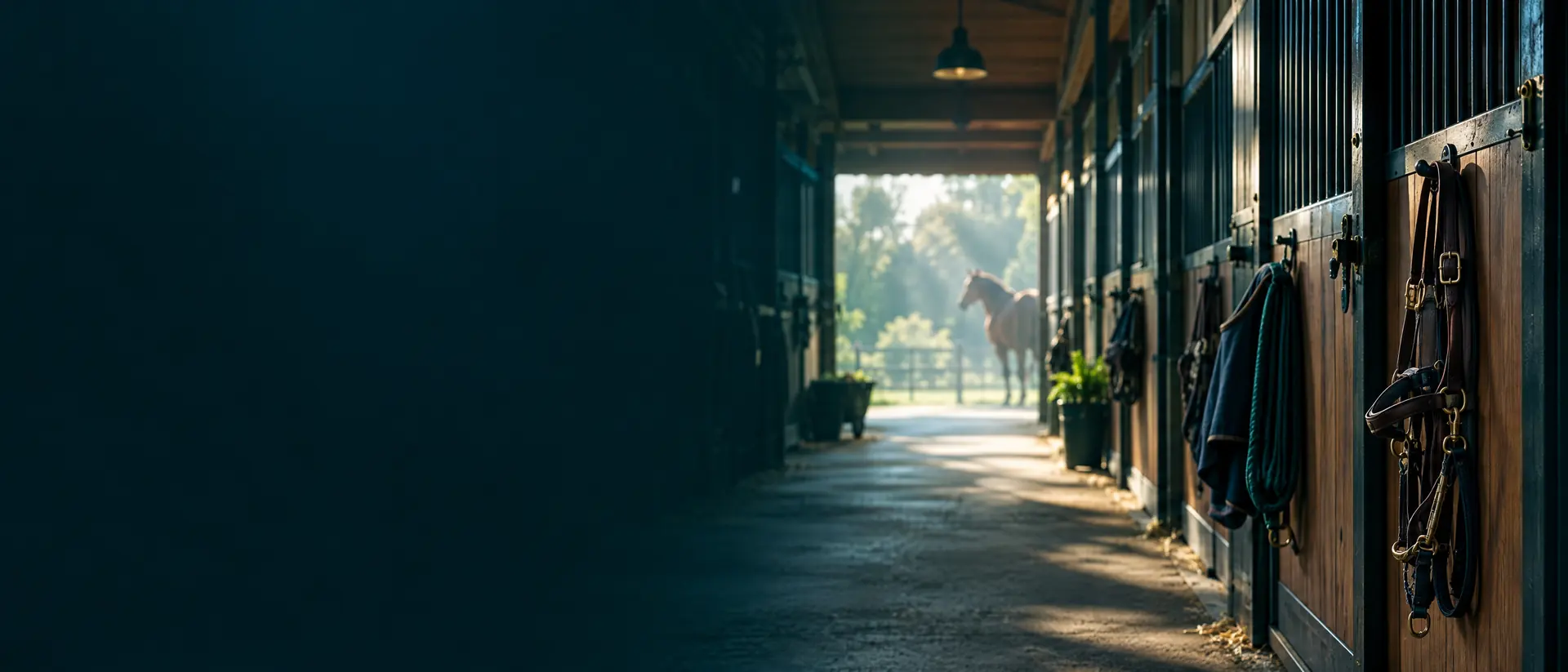 Quiet wooden stable aisle in morning light with tack hanging and a distant horse