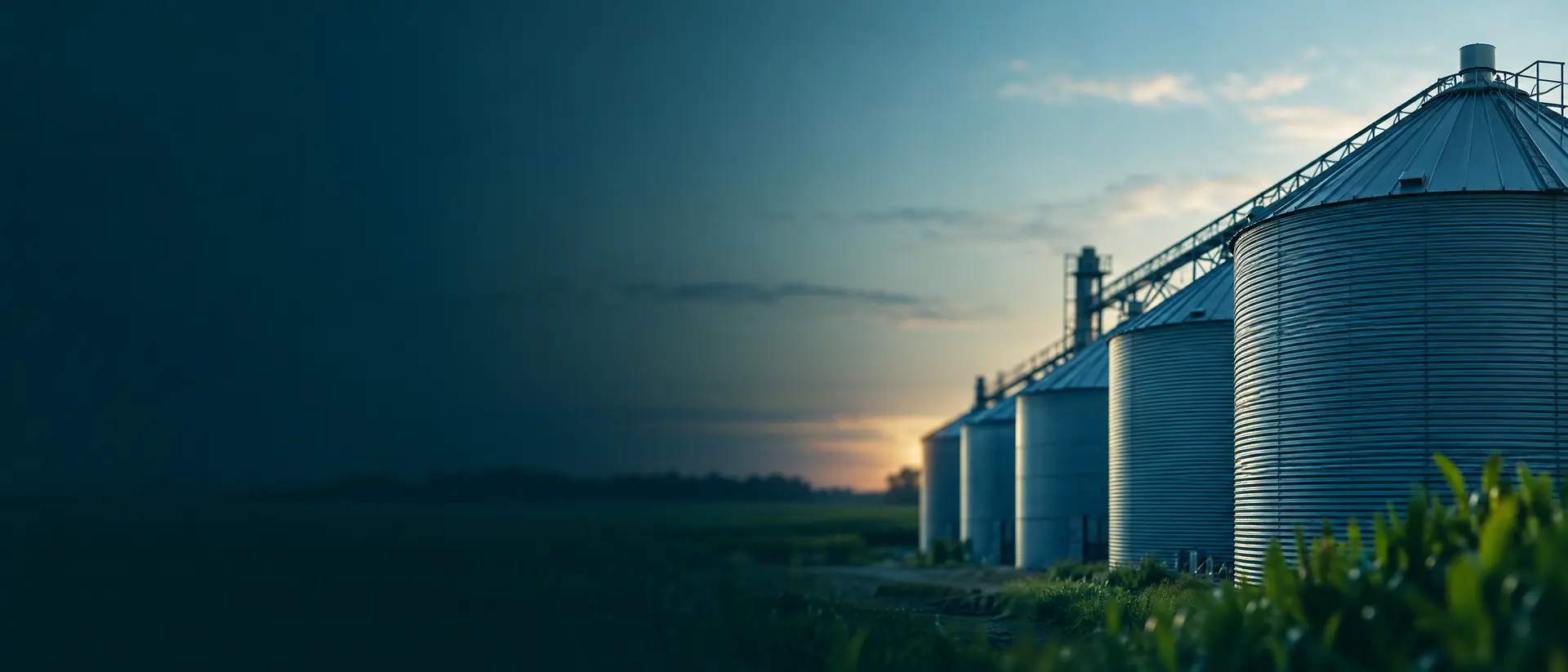 Row of corrugated steel grain bins against a pale evening sky