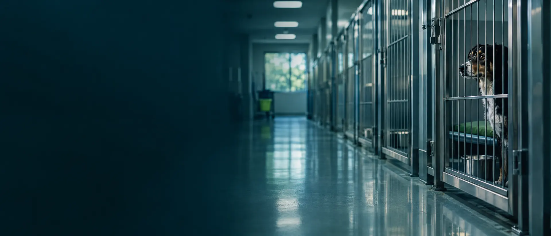 Empty shelter kennel corridor with sealed floors and stainless steel gates