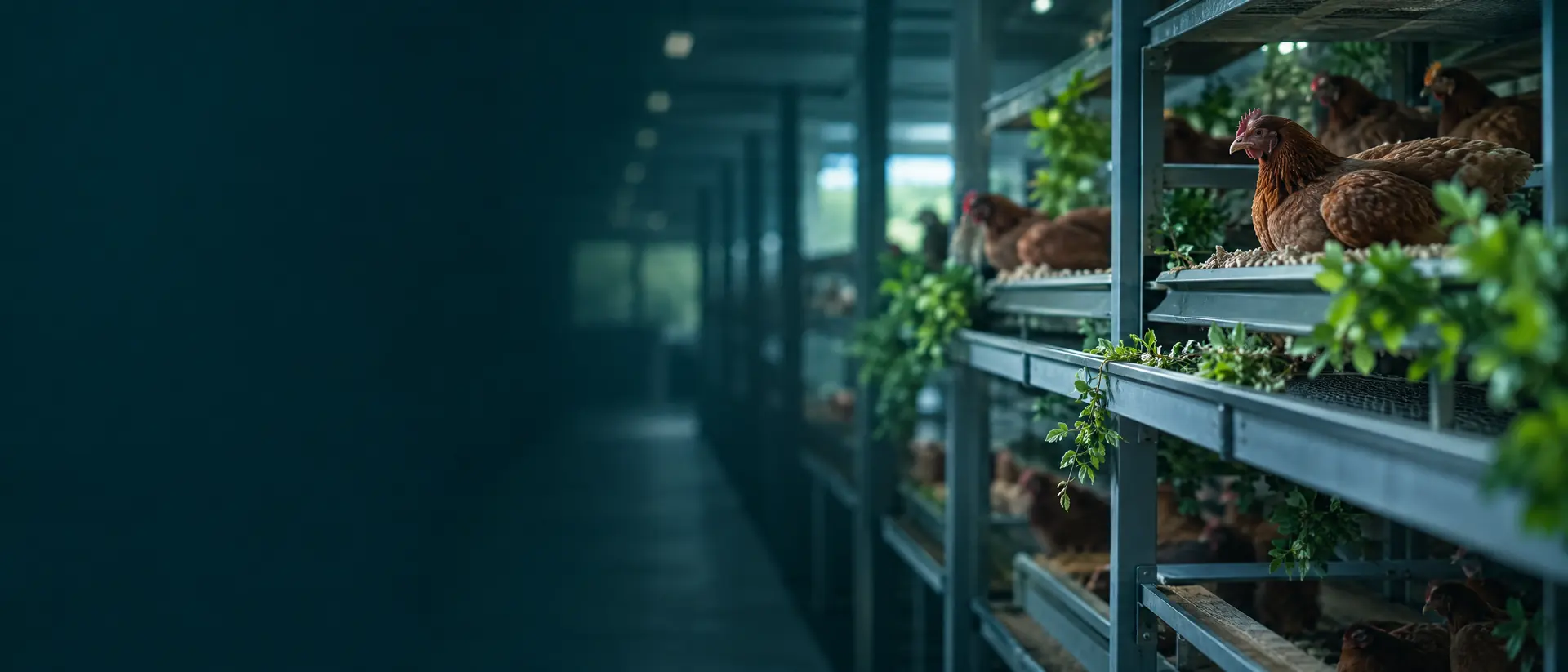 Cage-free aviary interior in soft light with hens far away on upper tiers