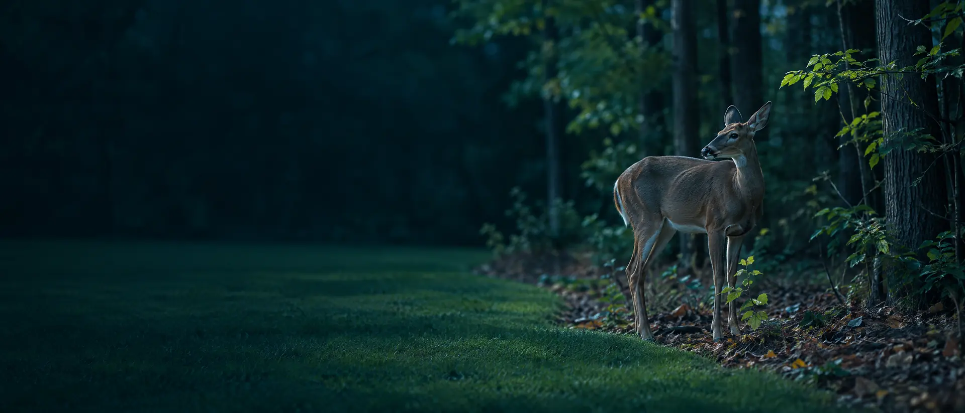 Backyard at dusk where mown lawn meets a wooded edge with leaf litter