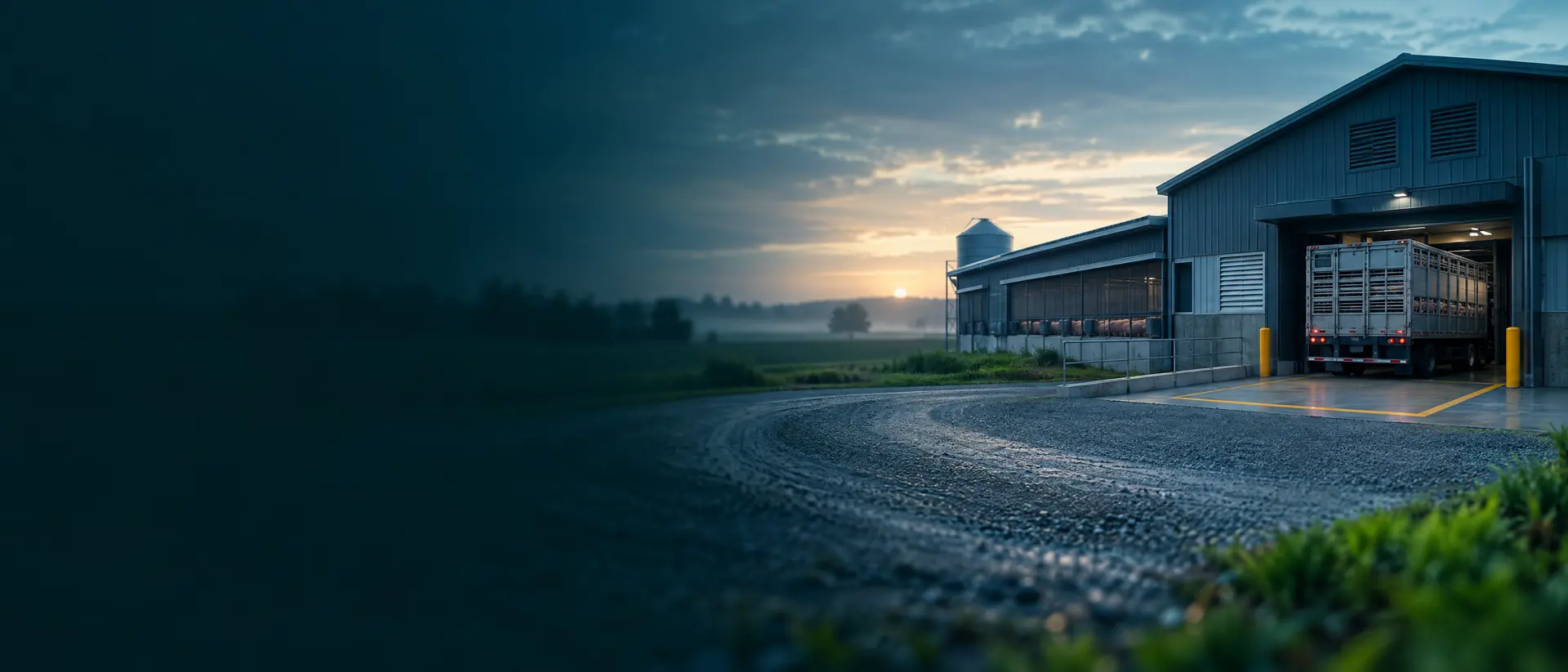 Swine barn exterior at dawn with a clean truck turnaround and loading bay