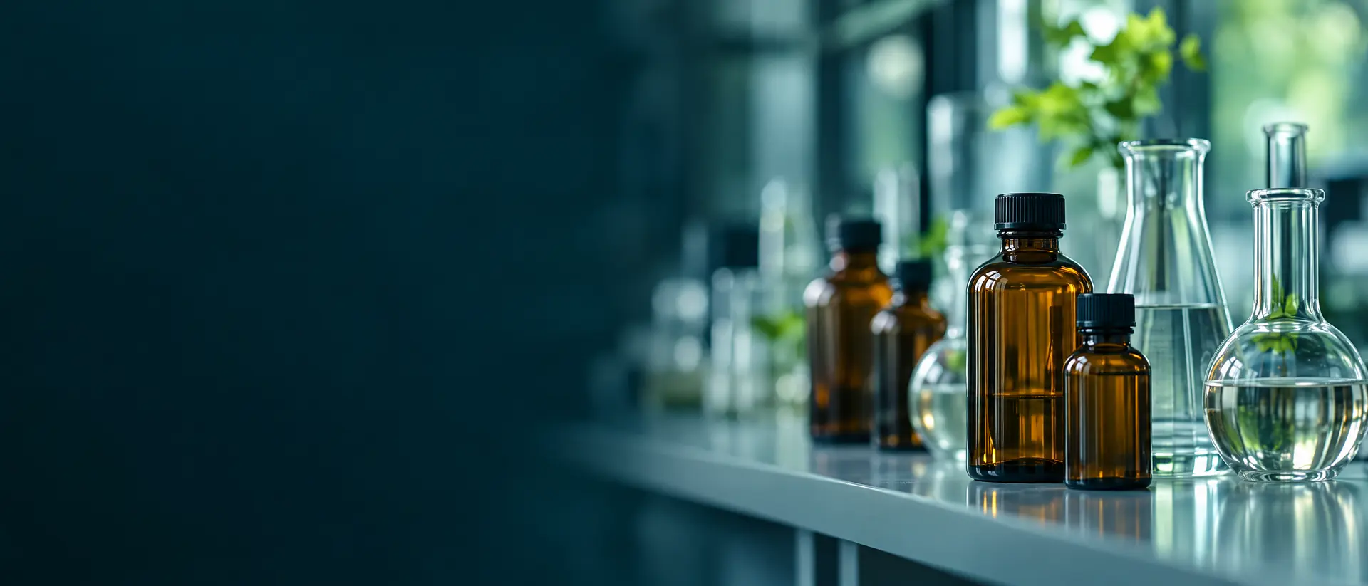 Unlabeled amber bottles and clear flasks in soft focus on a lab shelf