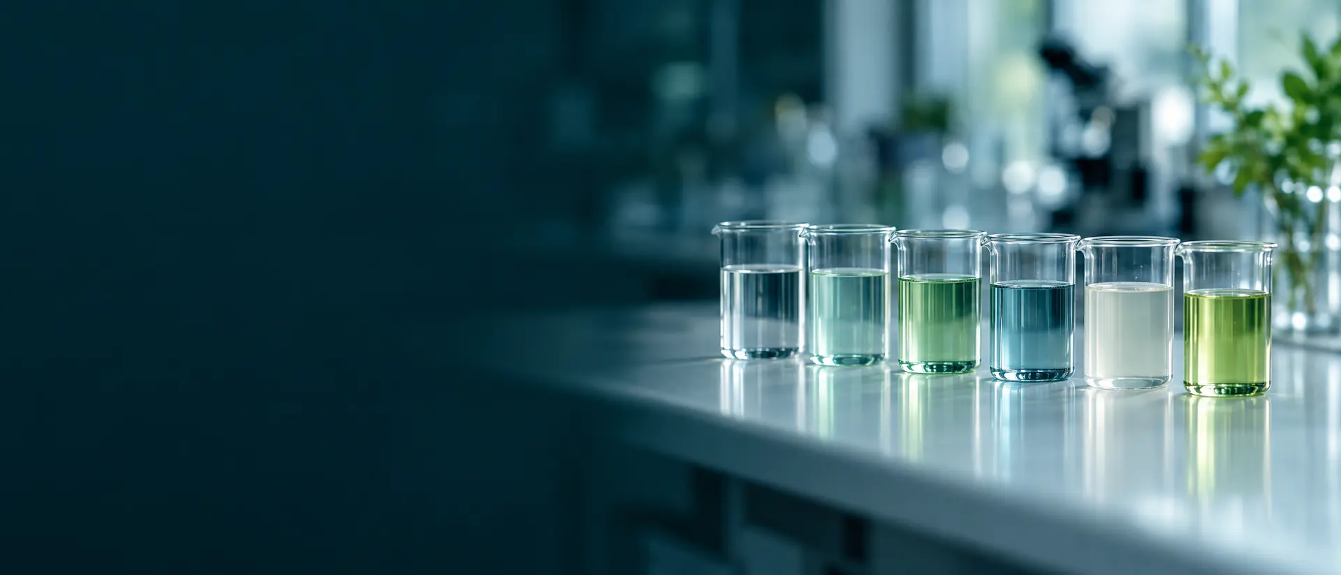 Six glass beakers of clear and faintly tinted liquids in a row on a bench