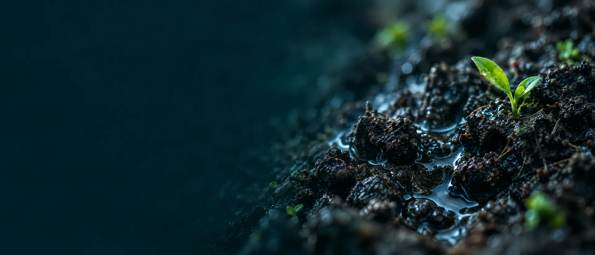 Dark moist soil particles with fine water films