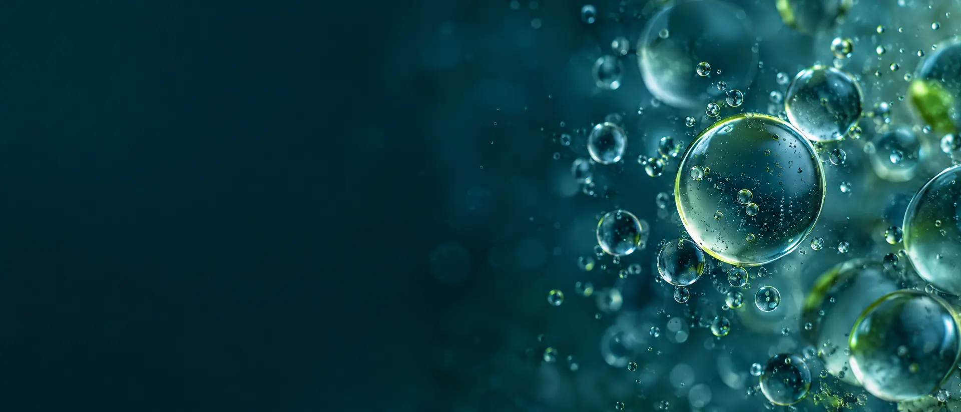 Tiny clear oil droplets dispersed in water catching light