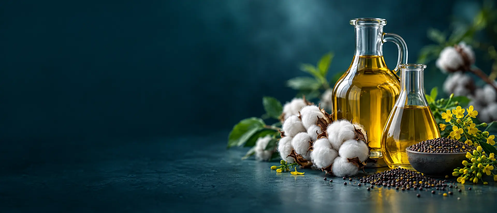 Golden vegetable oil in clear glass beside cotton bolls and canola seed