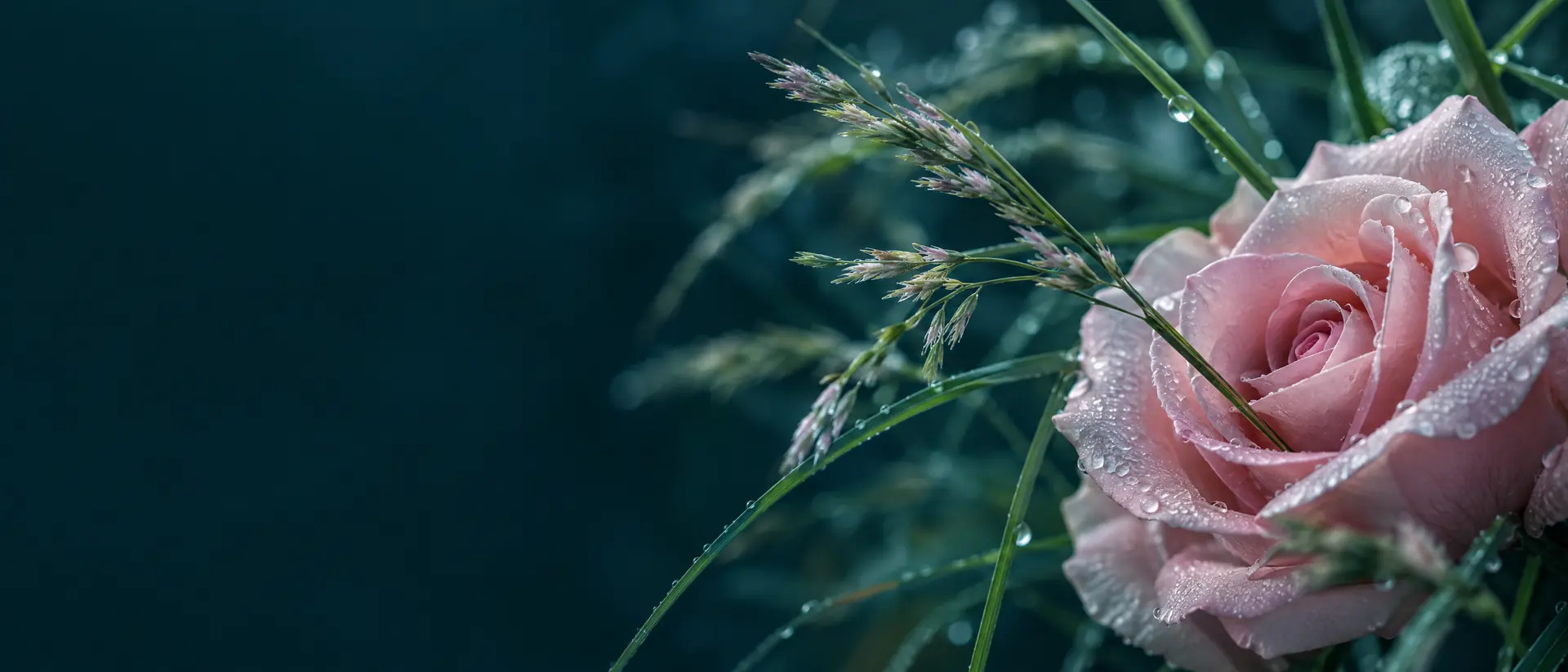 Rose petals and palmarosa grass with morning dew