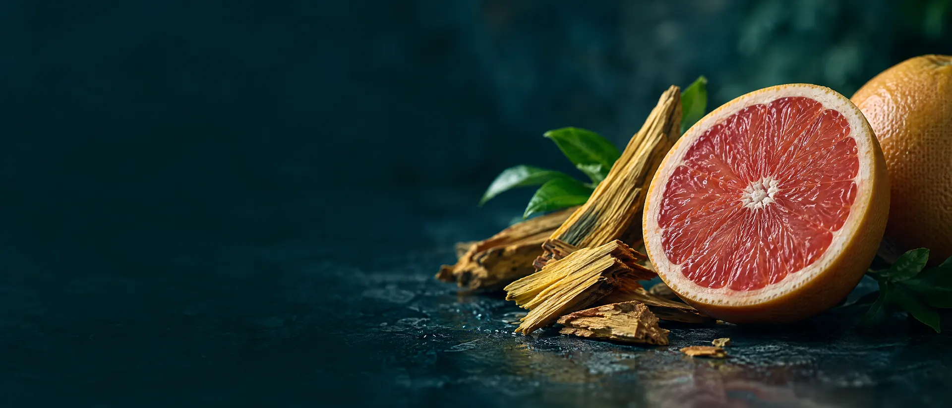 Halved grapefruit beside yellow cedar bark in soft light