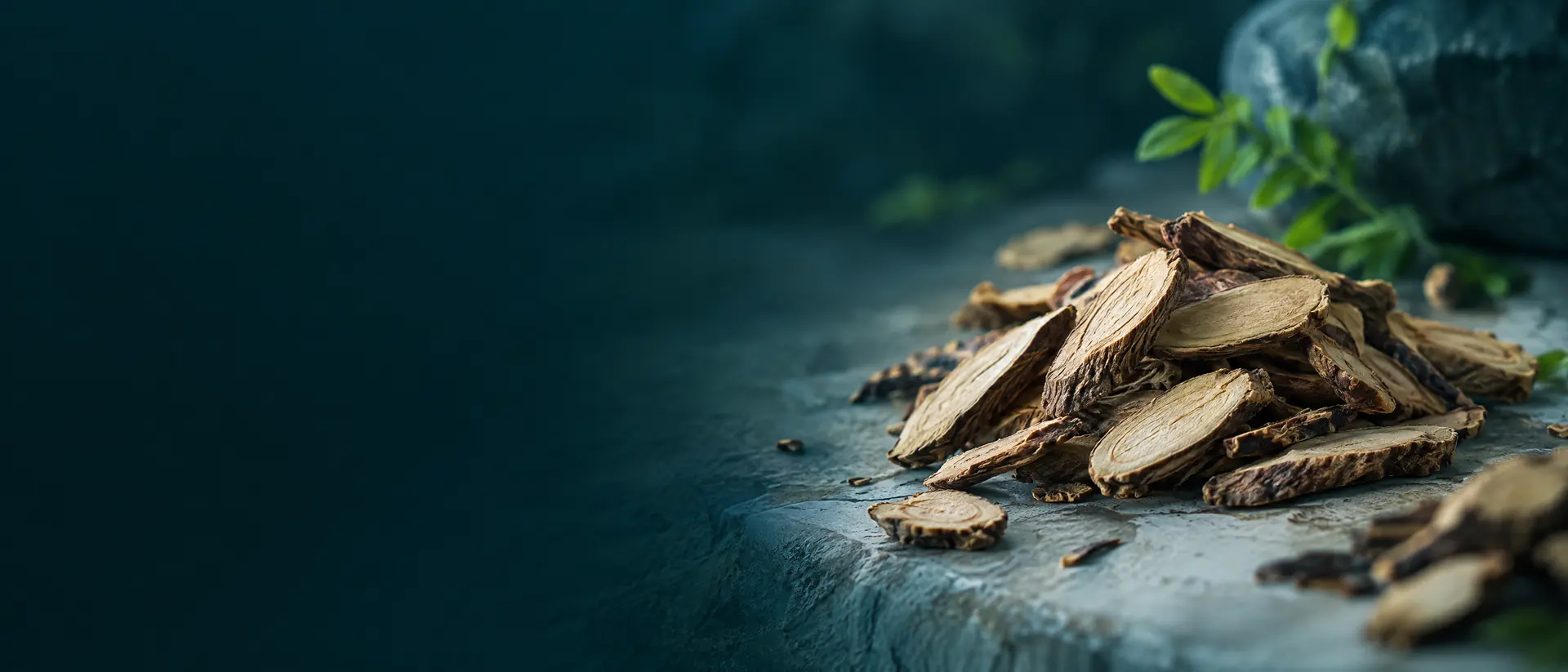 Sliced dried roots on a pale stone surface in side light