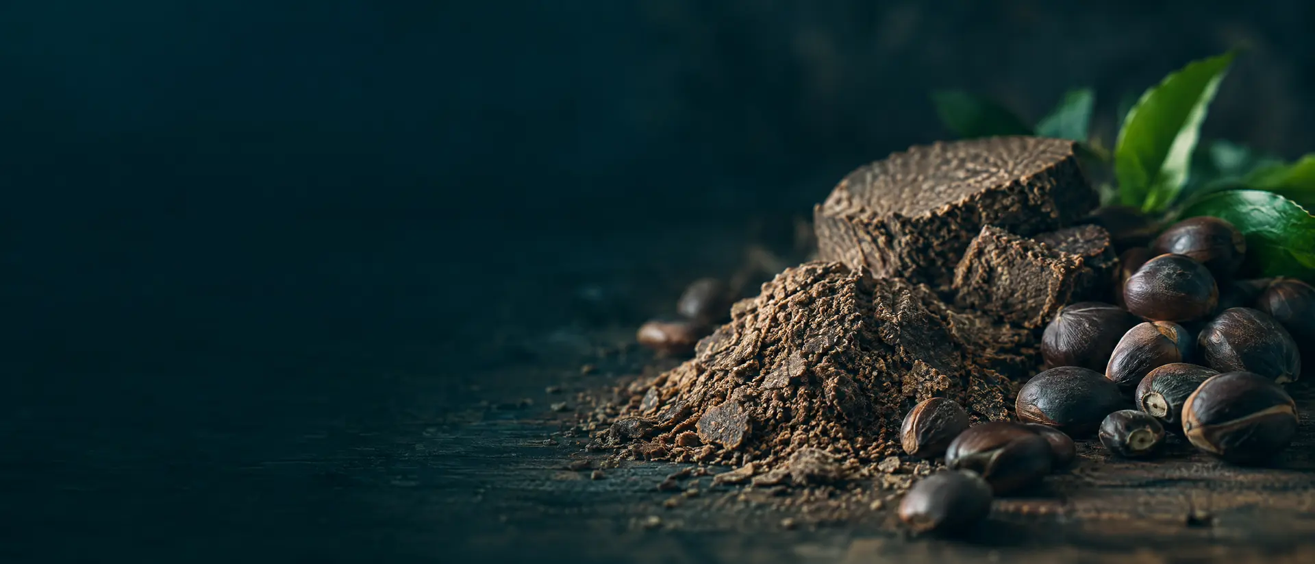 Camellia seeds and pressed seed meal on a rough wooden surface