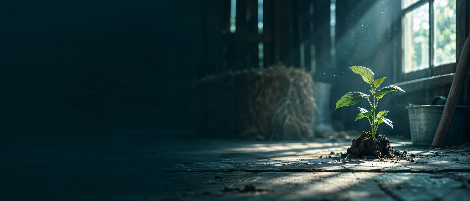 Dusty light falling across a worn wooden barn floor