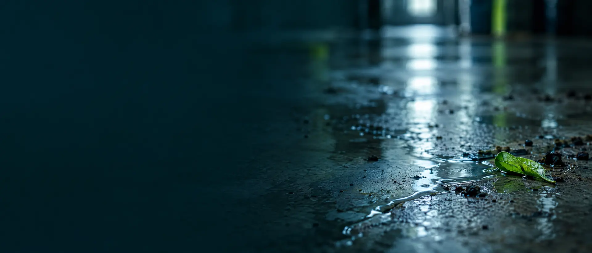 Wet soiled concrete floor with a thin liquid film