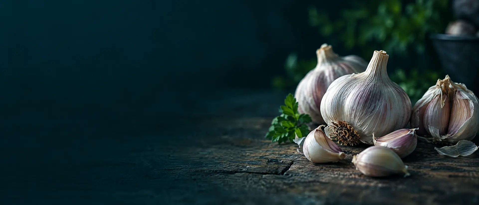 Garlic bulbs and cloves on a rough wooden table