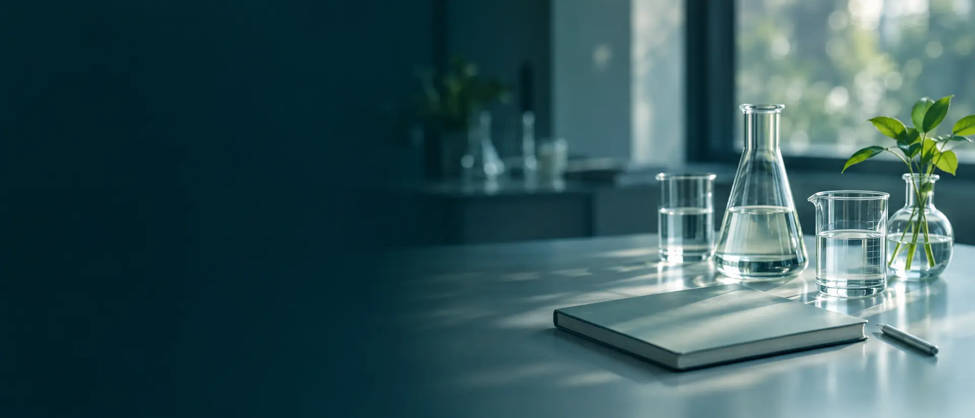 Glassware and a plain notebook on a pale desk in window light
