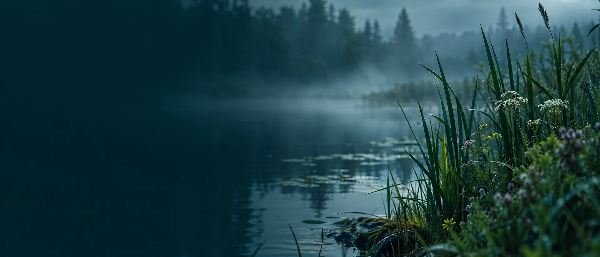 Still pond edge with reeds and wildflowers in morning mist