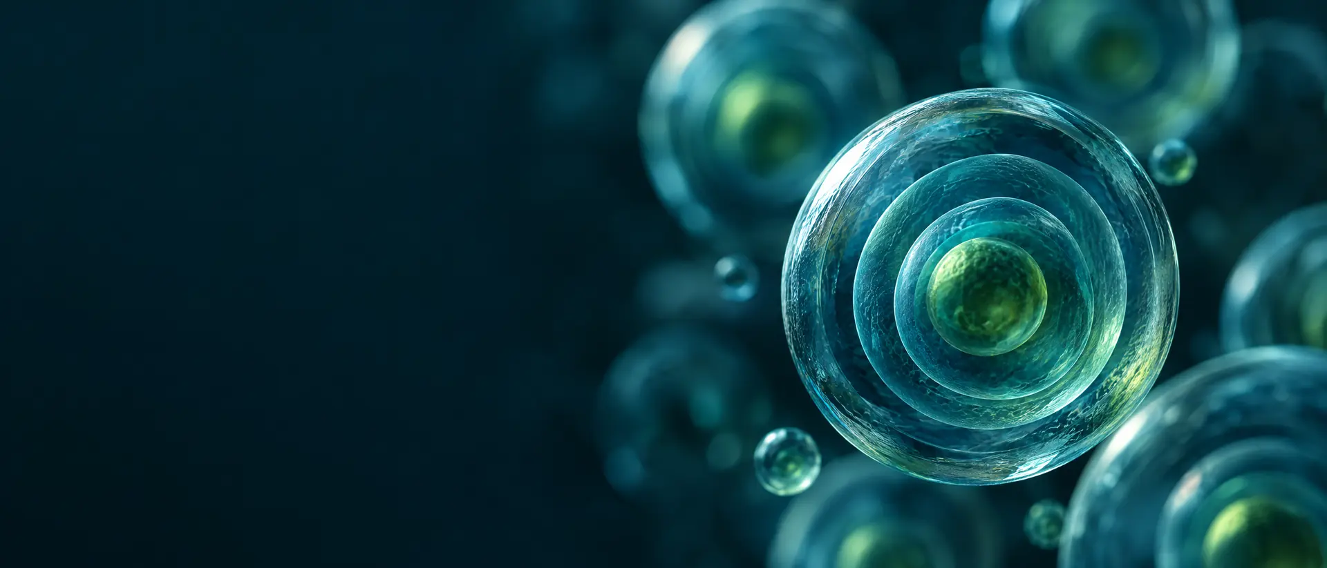 Multi-layer translucent spheres with concentric shells in teal light