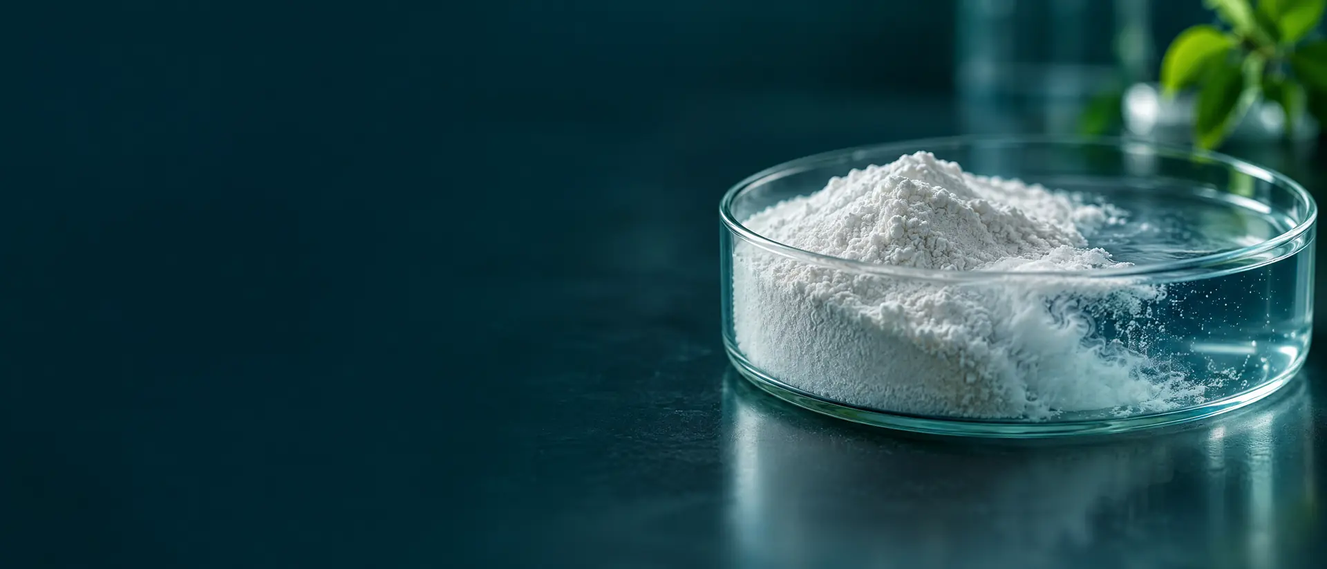 Fine white powder in a glass dish dissolving into clear water