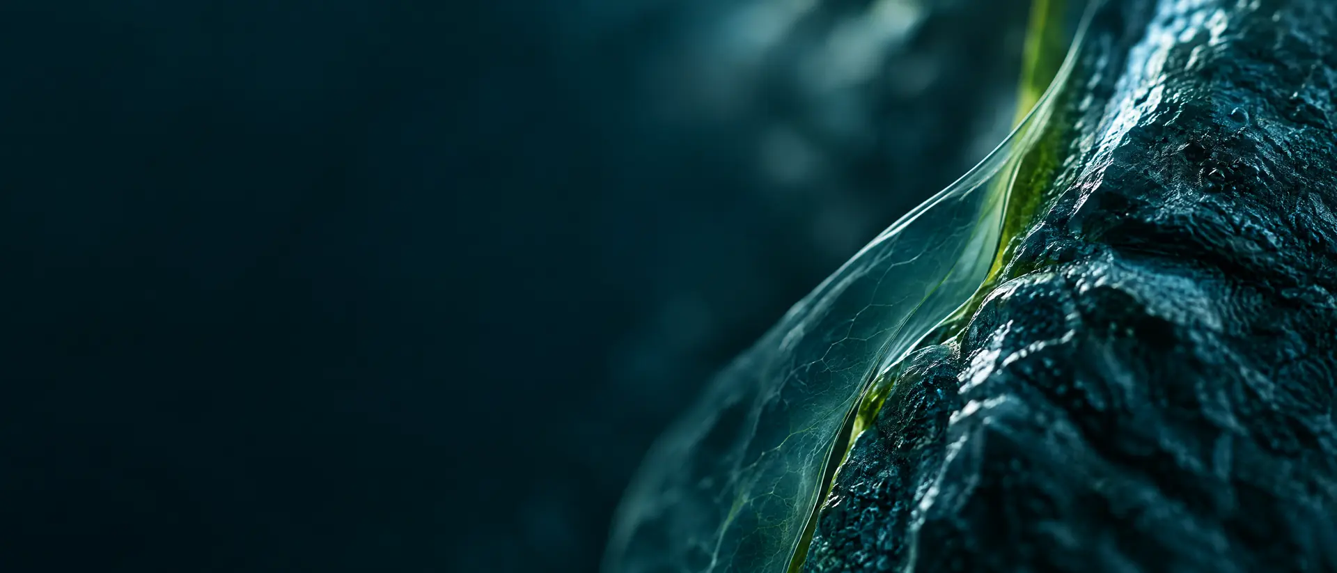 Glossy hard textured surface beside a thin membrane under raking light