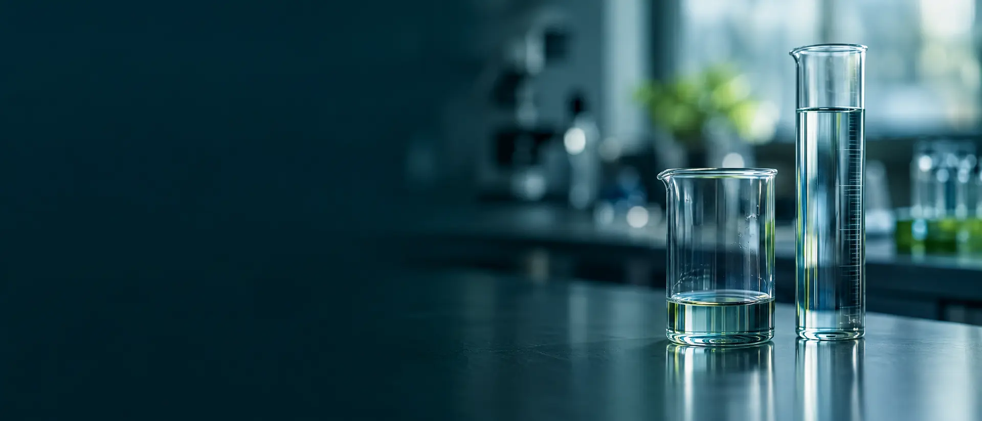 Two glass vessels with liquid at very different depths on a lab bench
