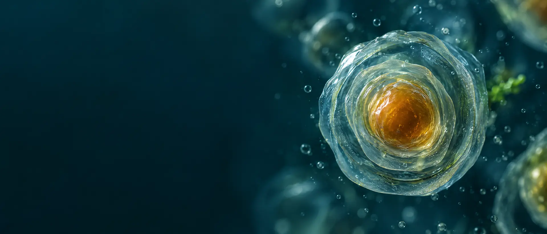 Concentric translucent shells around an amber core in clear gel