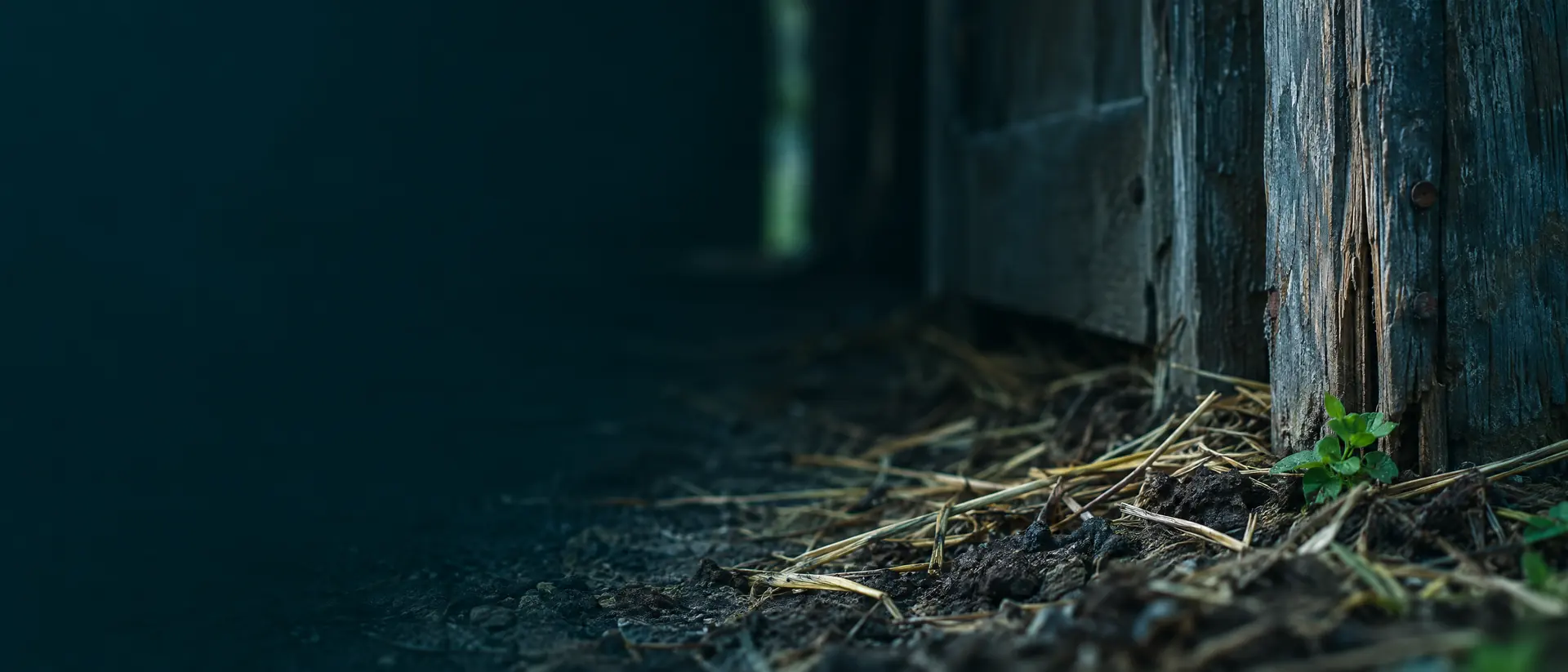 Weathered barn wood, straw and soil at a doorway threshold in low light