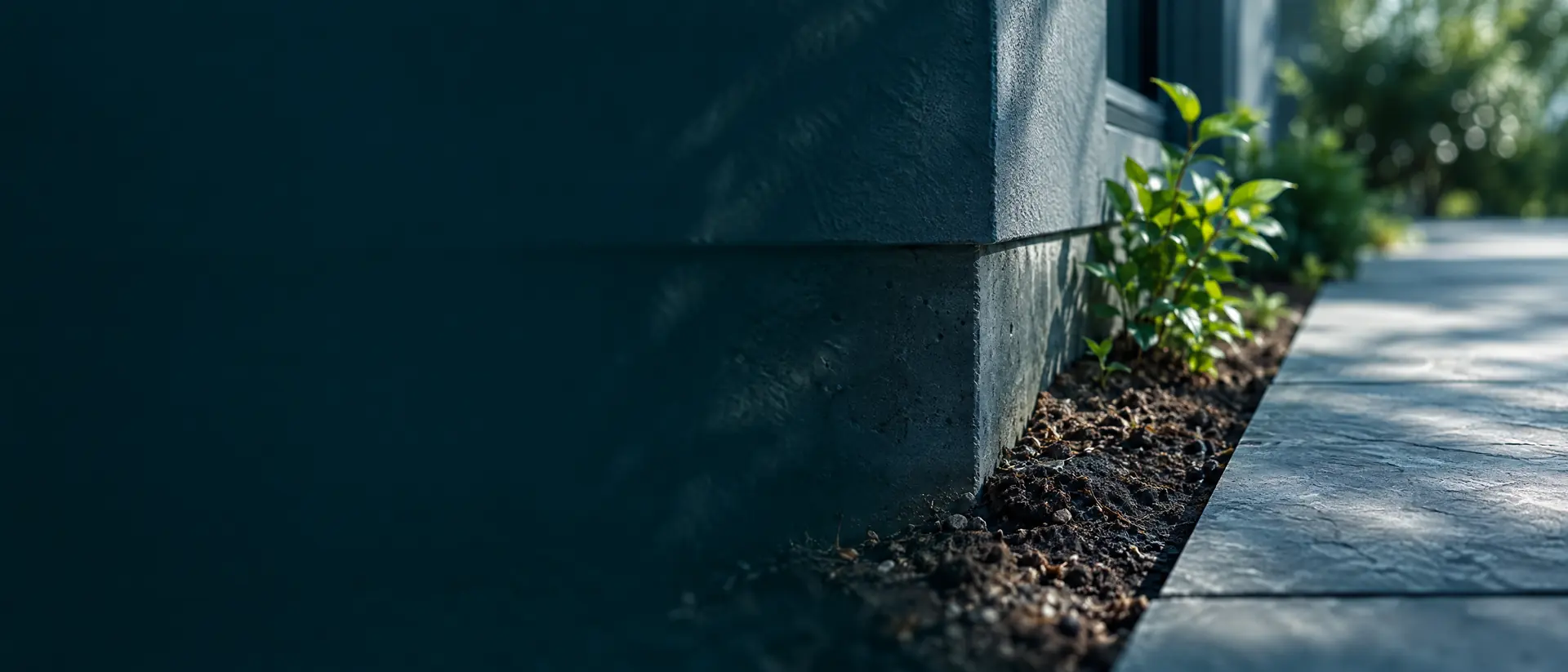 Stone patio edge meeting a building foundation where soil meets concrete
