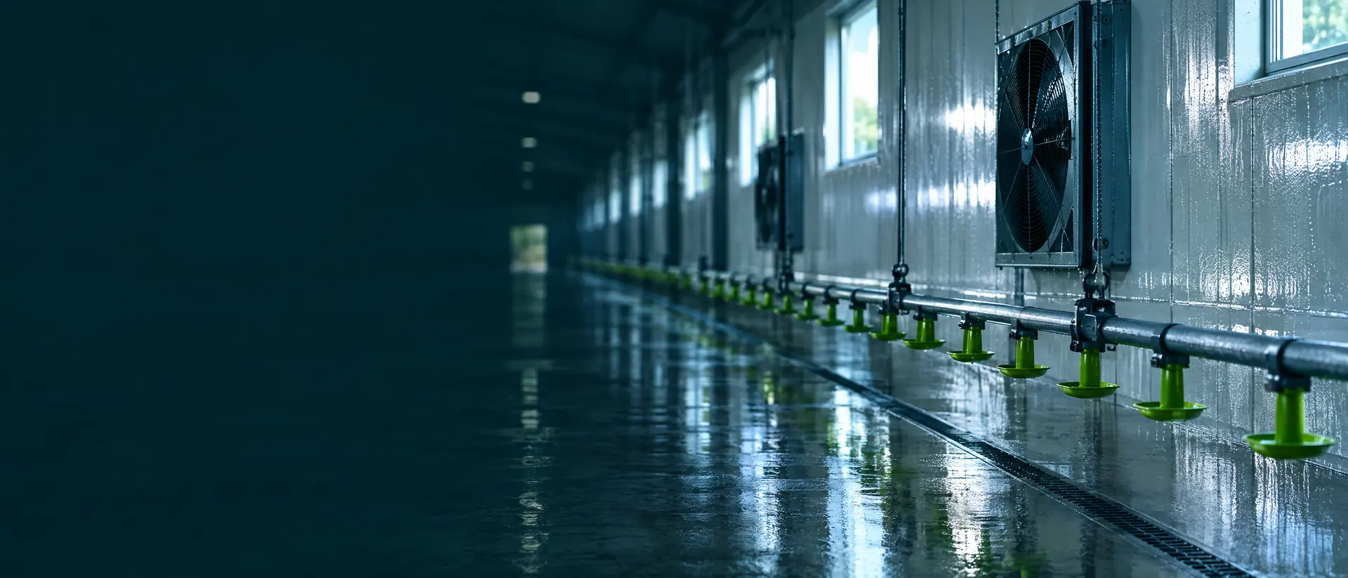 Poultry house interior after washing, with wet concrete floor and clean walls
