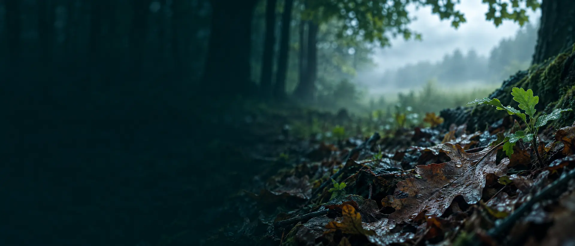 Moist oak leaf litter under a hardwood canopy in humid morning haze